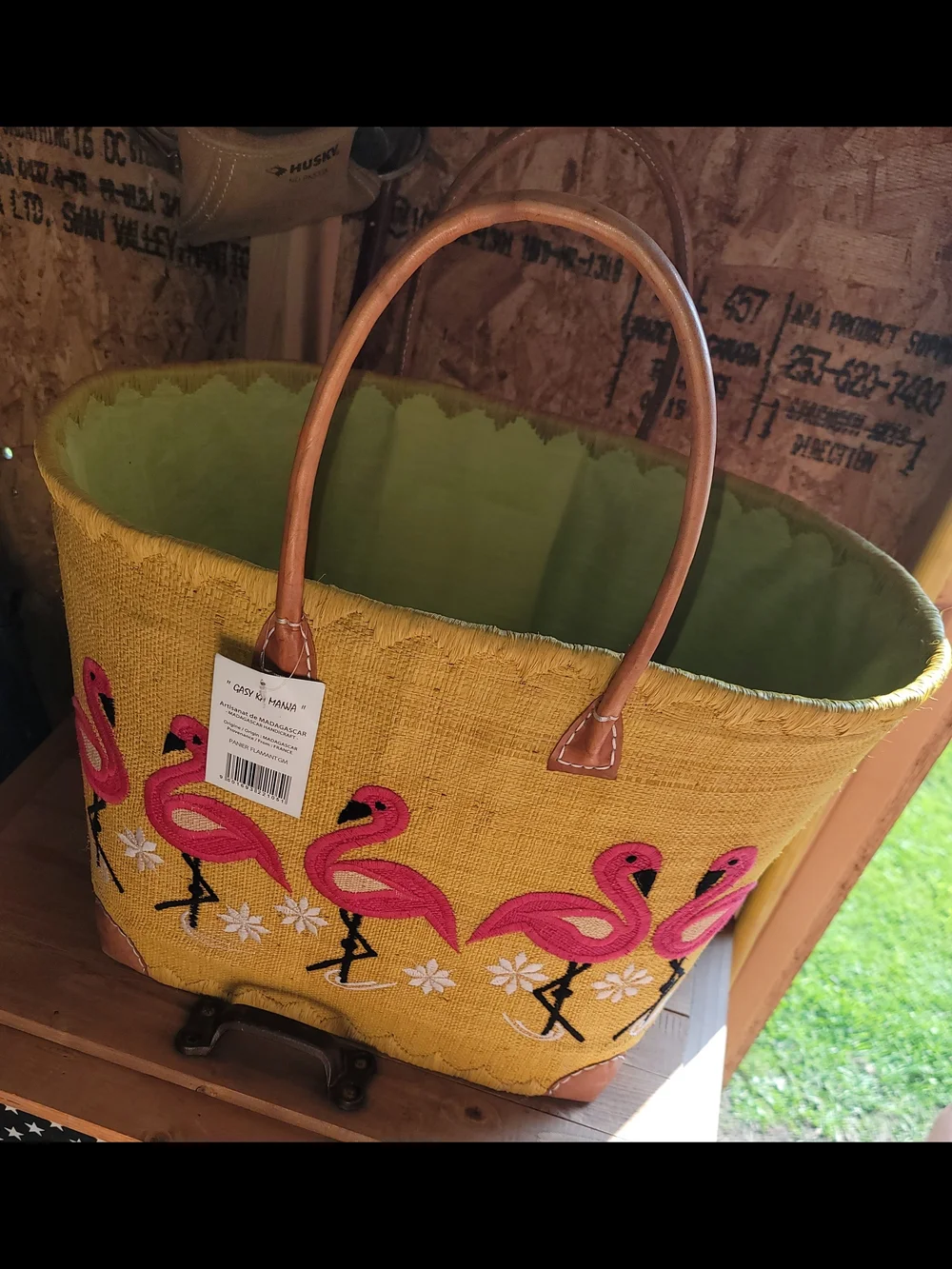 Bright Yellow Flamingo Embroidered Tote with Tan Handles